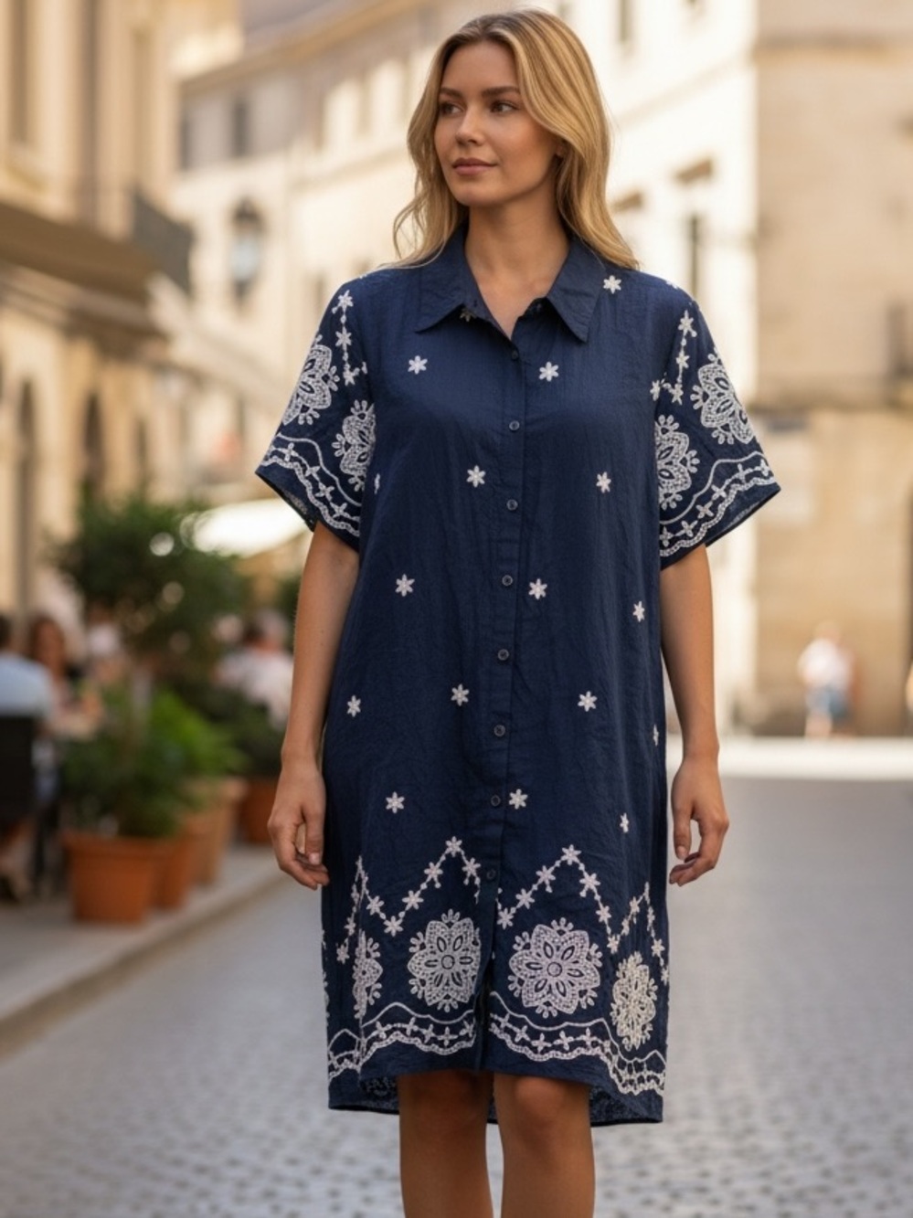 Kindred Embroidered Button Down Shirt Dress Size L textured